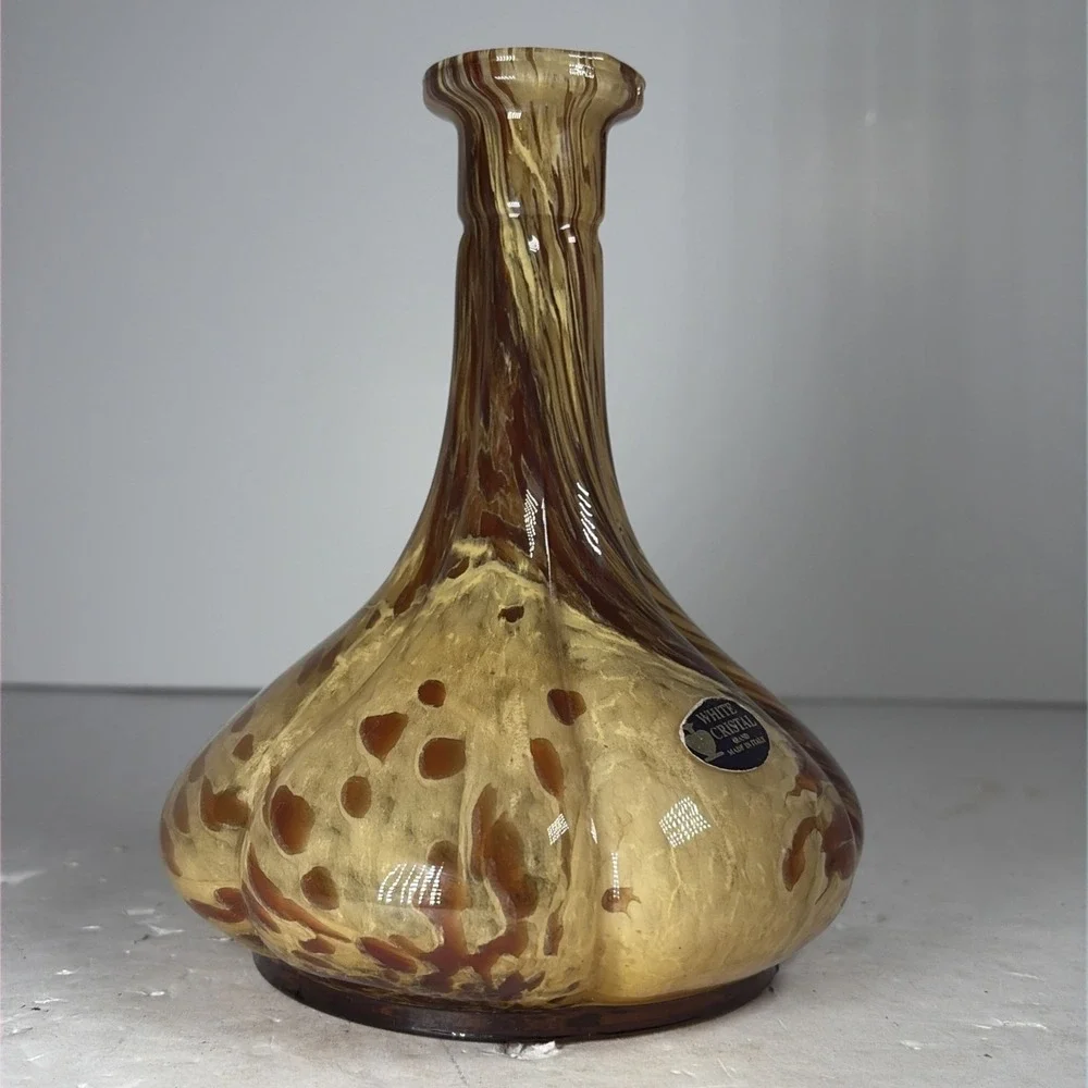 Vintage 80s‎ Murano White Cristal Vase Italy Amber Swirl Tortoise